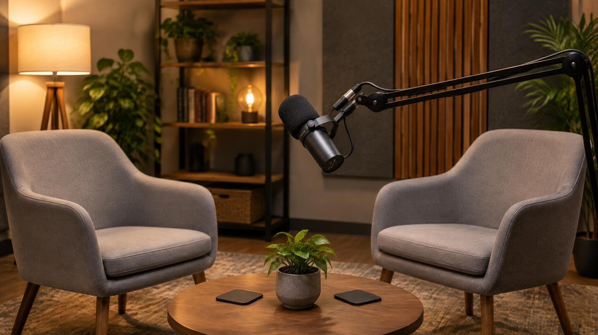 Studio microphone in an interview recording space