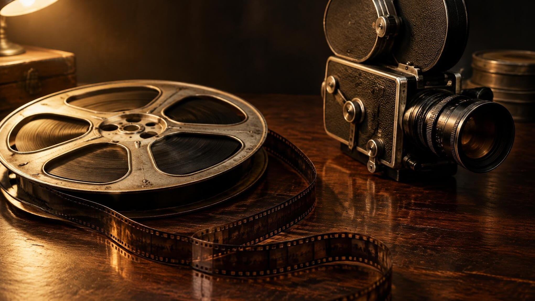 Film reels and a vintage cinema camera