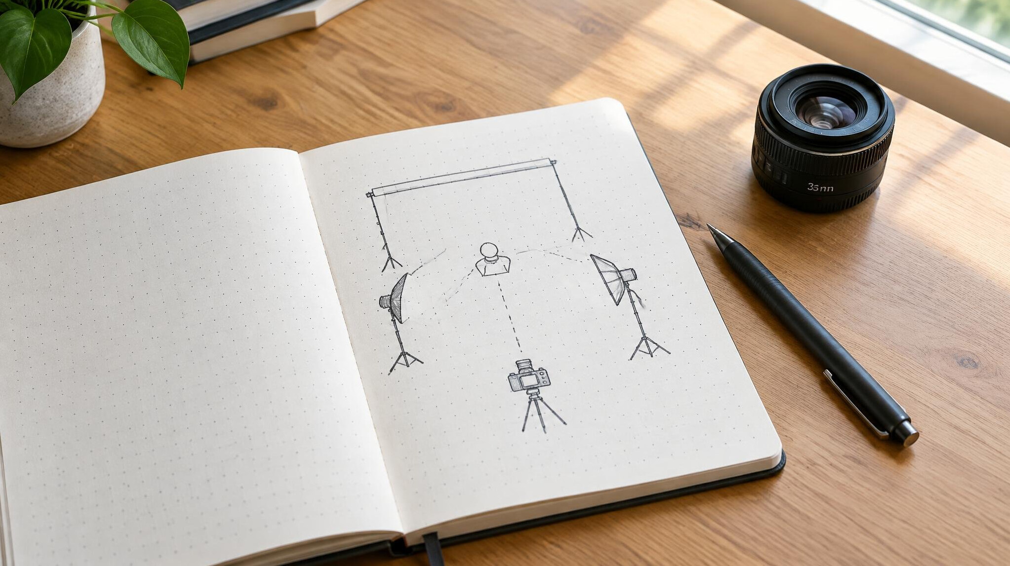 Notebook with a lighting diagram on a desk