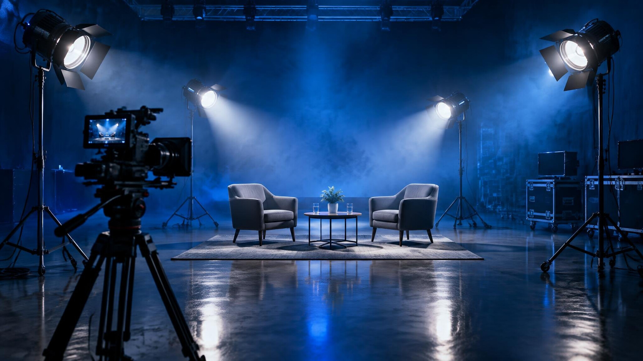 Film studio with spotlights and a camera on a stand