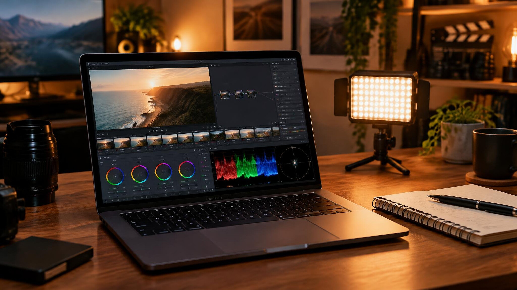 Laptop with colour grading software on a desk